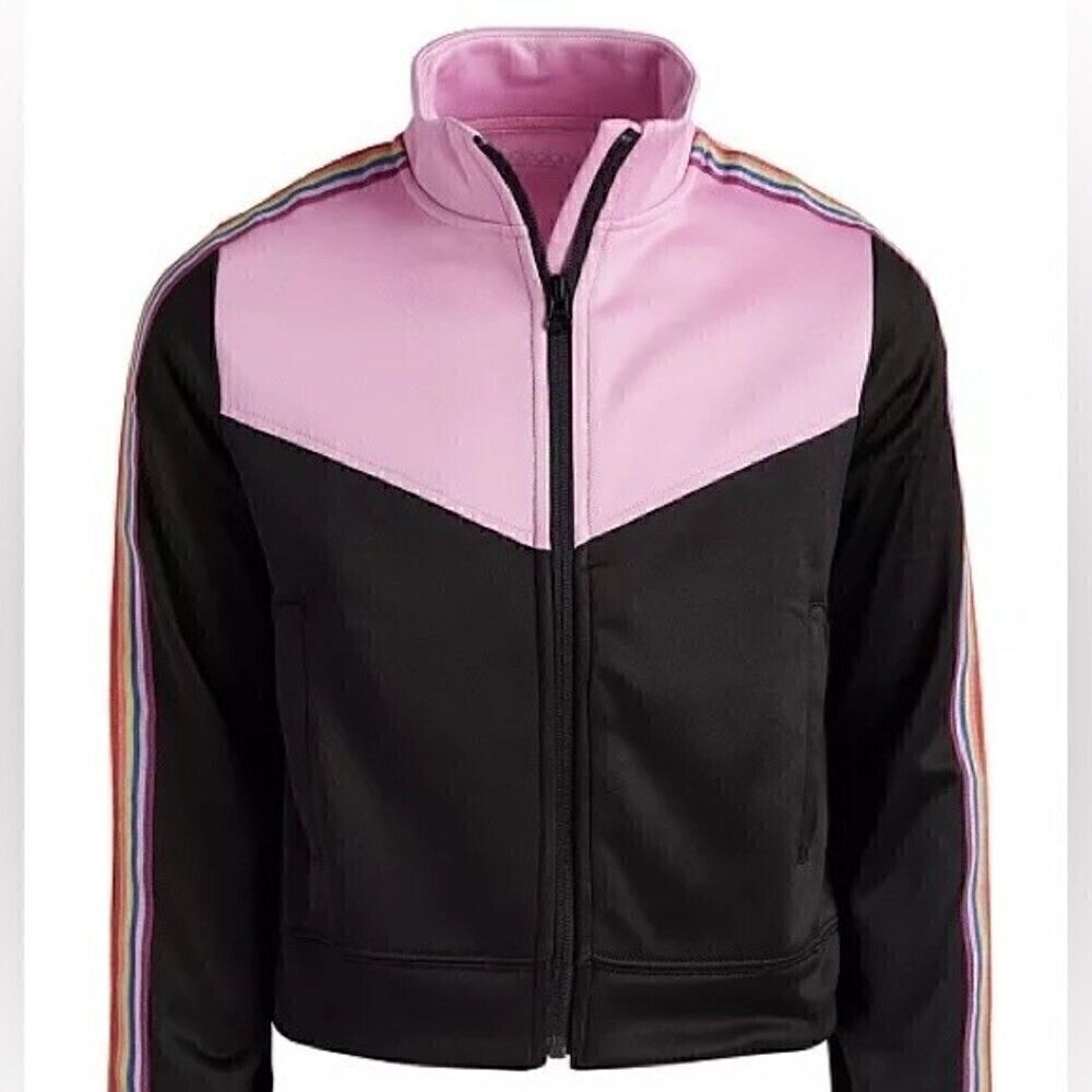 New Ideology Big Girls Rainbow Striped Track Jacket Pink/Black sweater size 16